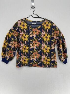 Mile(s) by Madewell Floral Sweatshirt Top M Cropped Balloon Sleeve Blue Pink